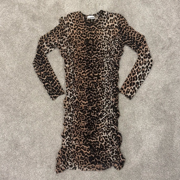 NWOT Ganni Ruched Leopard Print Mini Dress Animal Print Size EU 40 US 8 - Picture 4 of 10